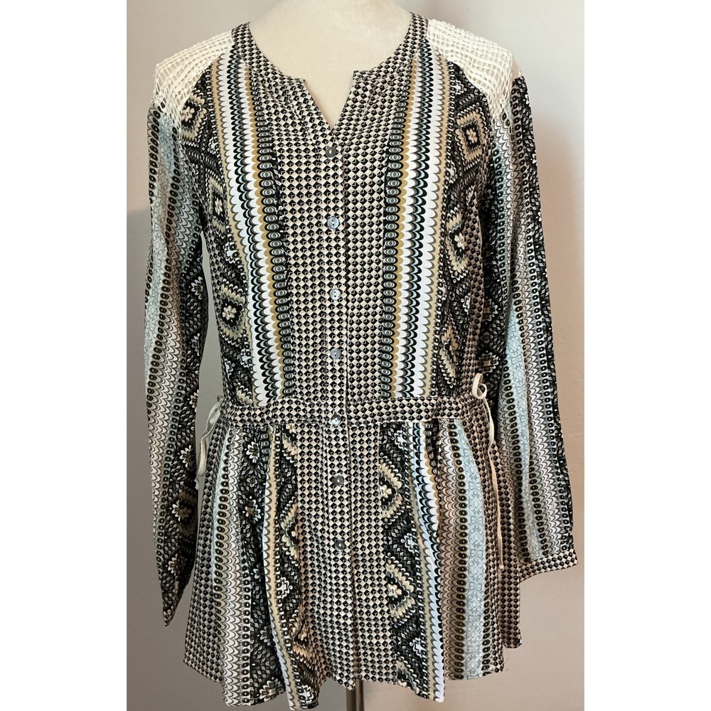 Anthropologie Mystree Tunic Crochet Shoulders Boho Top Small Black Multi‎ Hippie